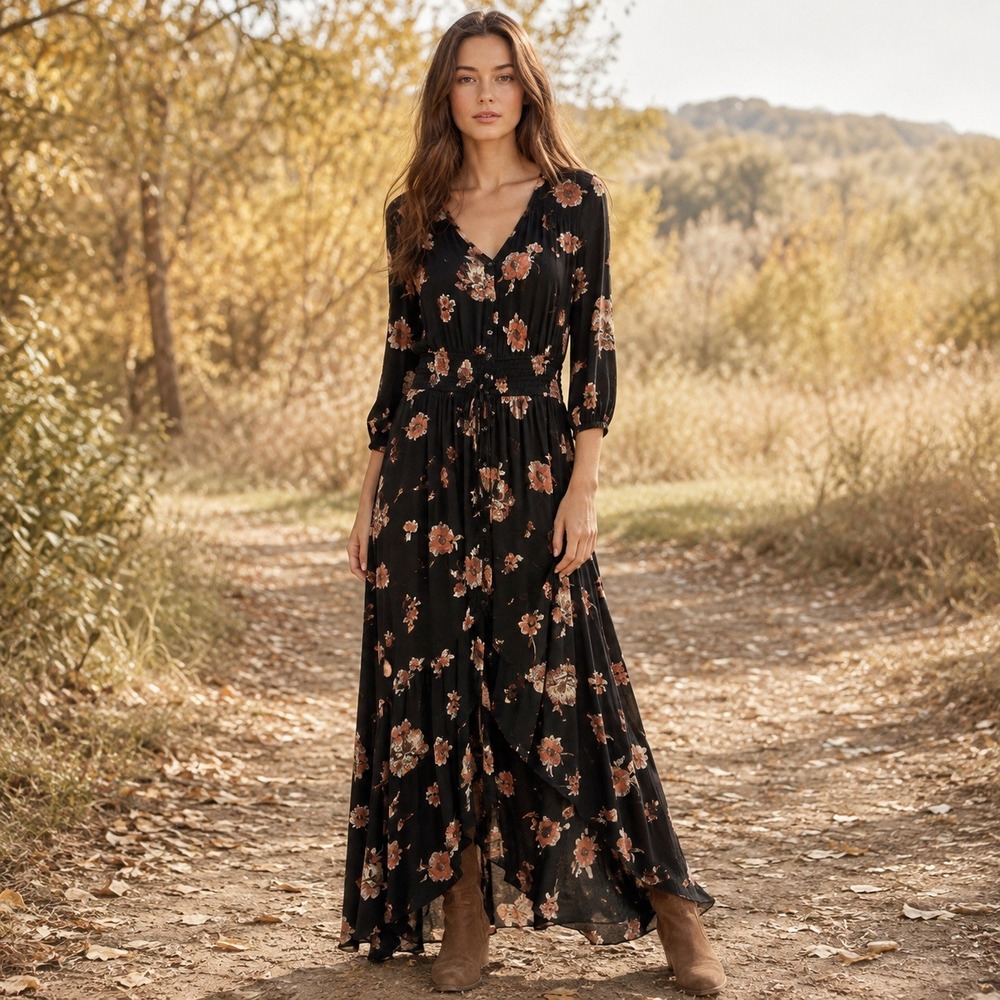 American Rag Cie M Black Floral Rayon Smocked Waist Boho Maxi Dress